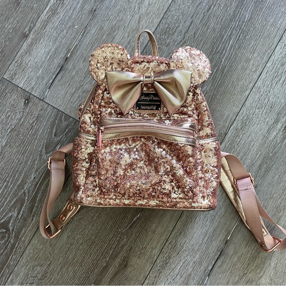 Loungefly Disney Parks Minnie Mouse Rose Gold Sequined Mini Backpack - Picture 3 of 11
